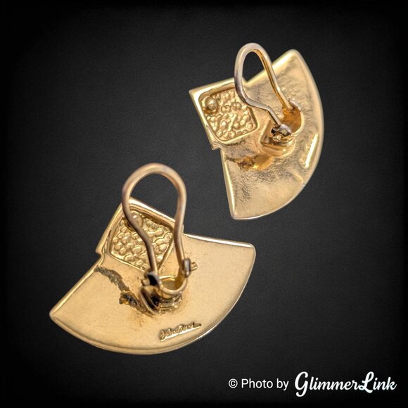 Vintage Laurel Burch Water Lily Lotus Fan Post Earrings Black Enamel Gold Tone - Picture 6 of 8